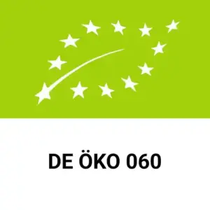 Das hellgrüne EU Biosiegel mit den weißen Sternen der EU zum Blatt geformt und der Kennzeichnung wei auf schwarzem Grund DE Öko 060