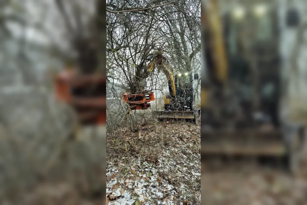 Maschinelle Heckenpflege mit einem Bagger zwischen dichtem Gehölz