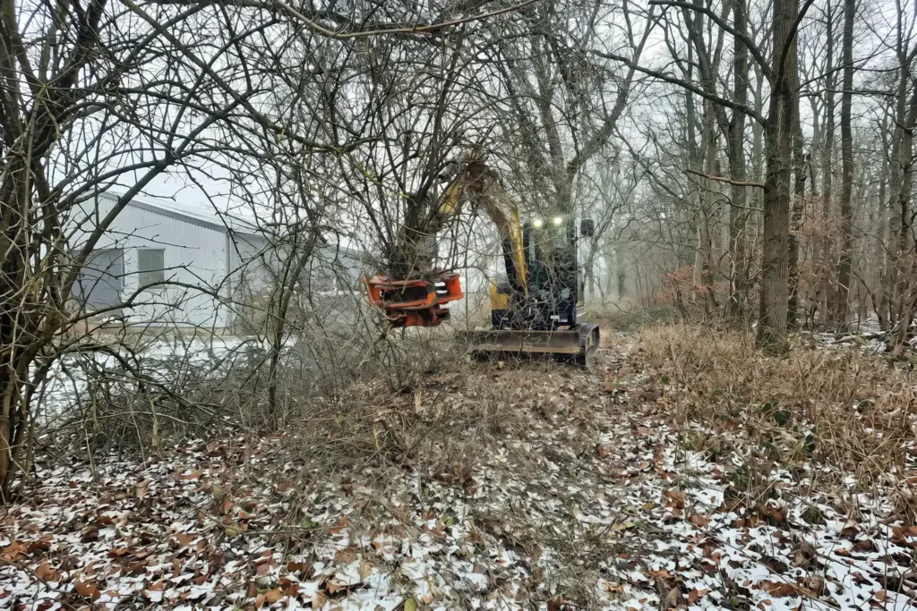 Schwere Gerätschaften für den Heckenschnitt an einem winterlichen Waldrand.