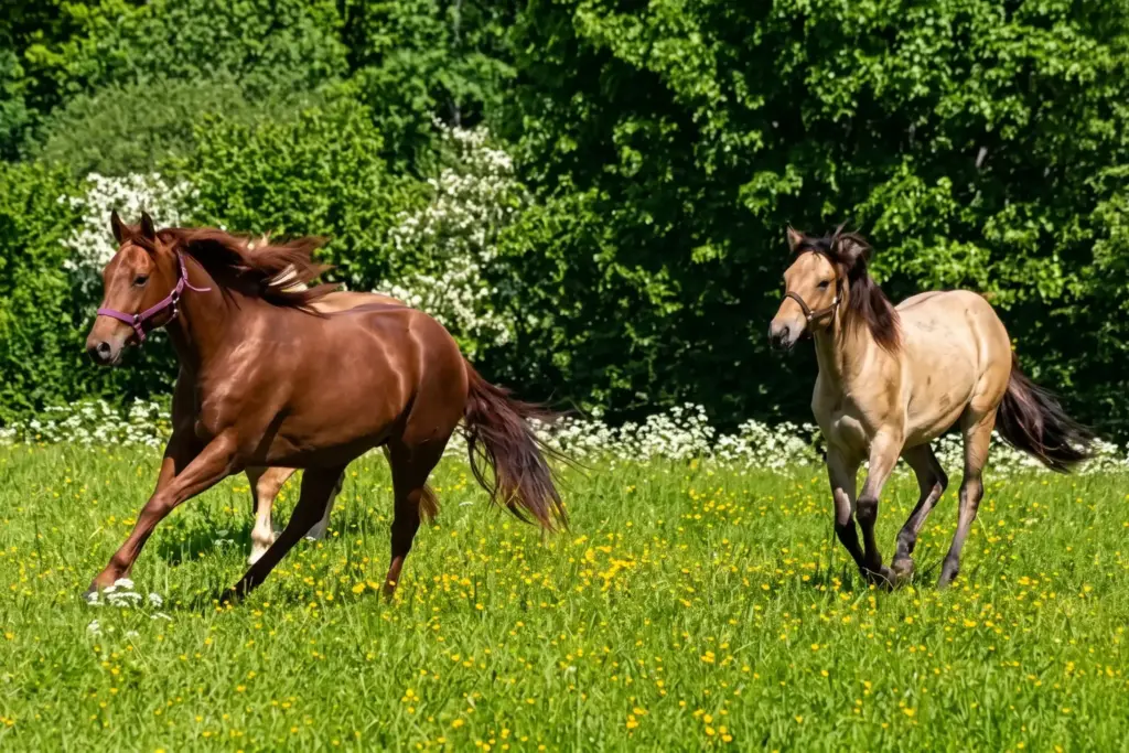 Hollys Kayde spielt Fangen mit anderen Pferden auf der Weide