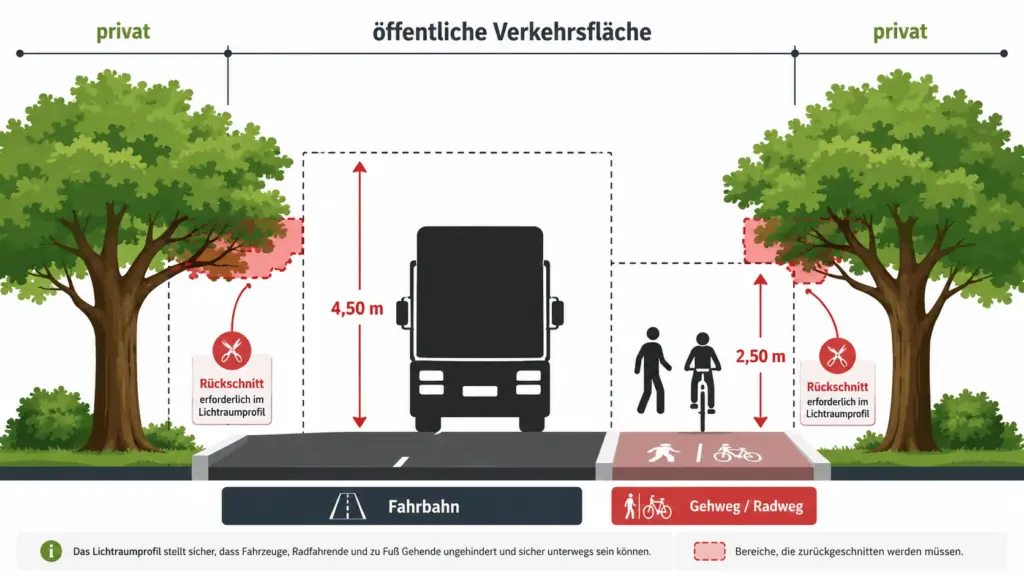 Grafische Darstellung des Lichtraumprofils entlang von Fahrbahn und Gehweg