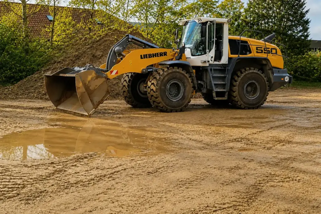 Ein gelber Bagger auf einer Baustelle beim Verladen von Aushub